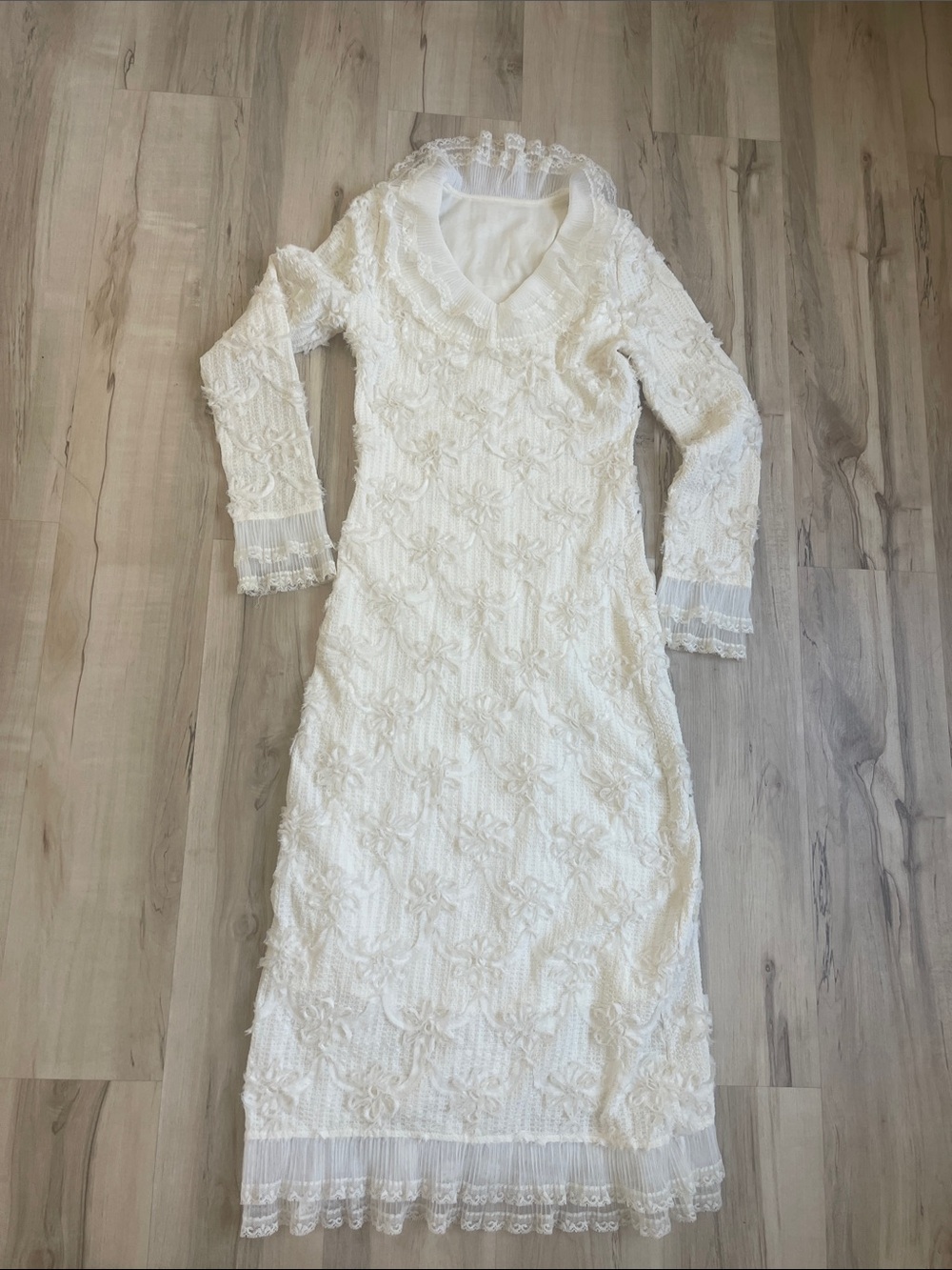 Long Sleeve Ivory Lace Midi Dress with Ruffle Trim